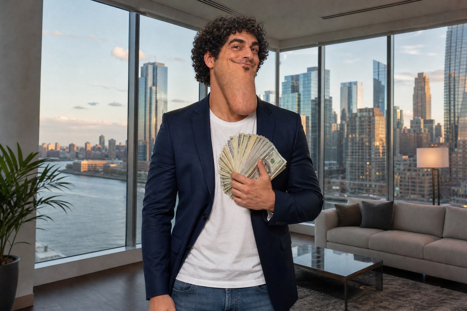 AI-generated long-chin Alon parody holding cash in an apartment