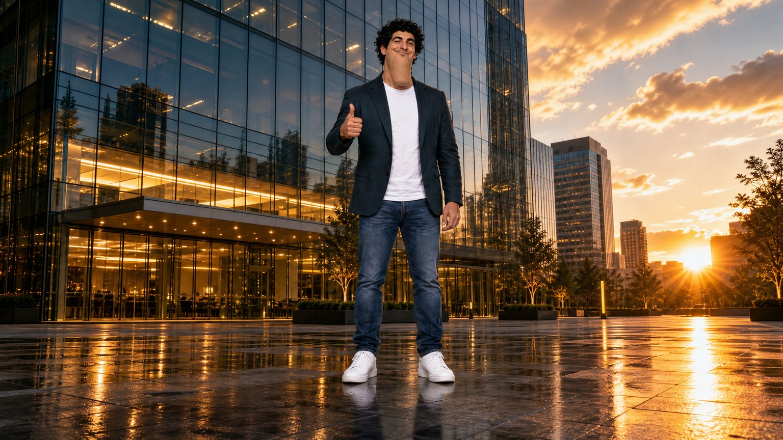 AI parody of long-chin Alon in a suit outside a glass office tower at sunset